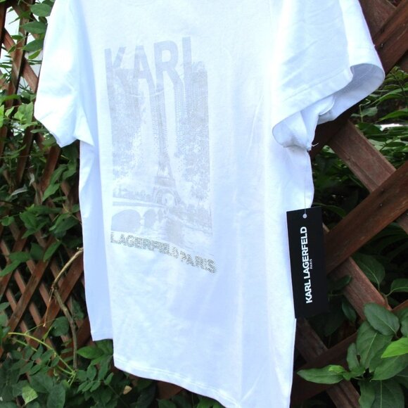 NEW KARL LAGERFELD PARIS Women's Graphic T-Shirt Rhinestone Logo Size L Tee - Picture 1 of 7